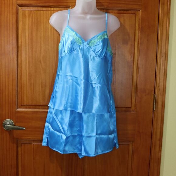 Morgan Taylor Blue Lime Green Satin Pajama Short Set Vintage 90s Medium - Picture 2 of 12